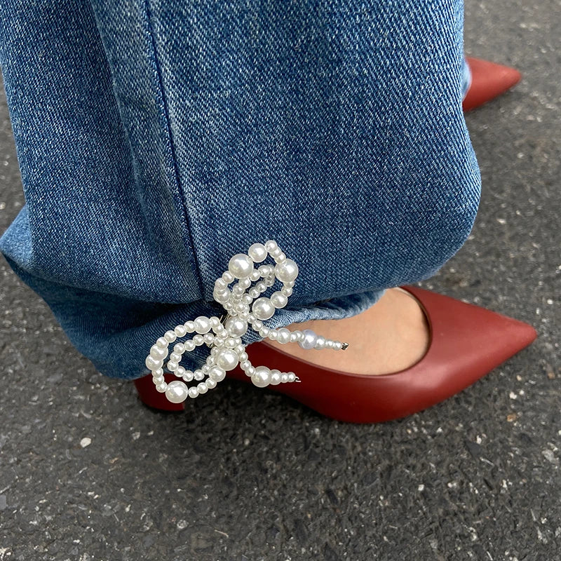 Pearl Bow Ankle Chain Pants Pin for Women | Leg Jewelry Pair Clothing Accessory Pin QXL