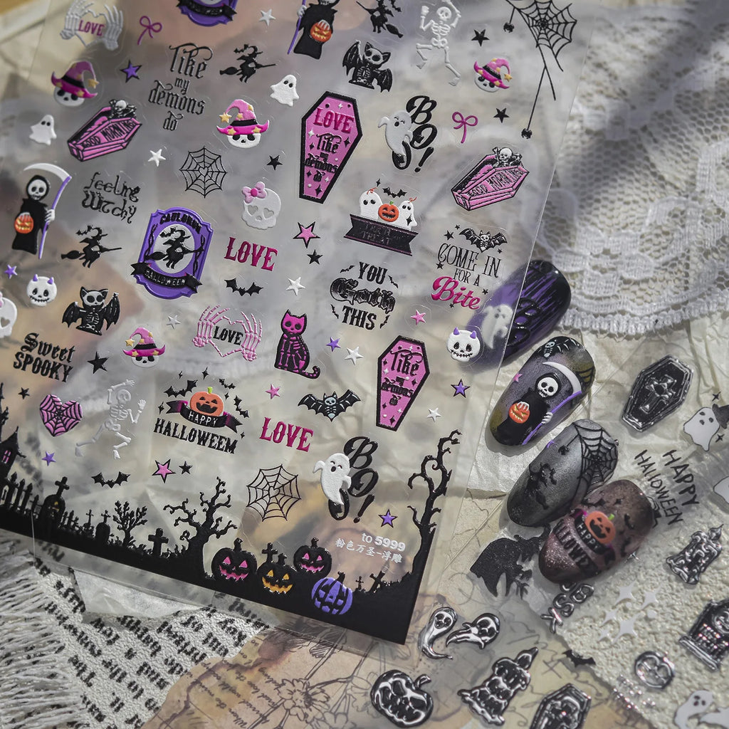 Halloween 5D Nail Stickers | Ghost Witch Pumpkin Skeleton Decals Nail Art Stickers QXL