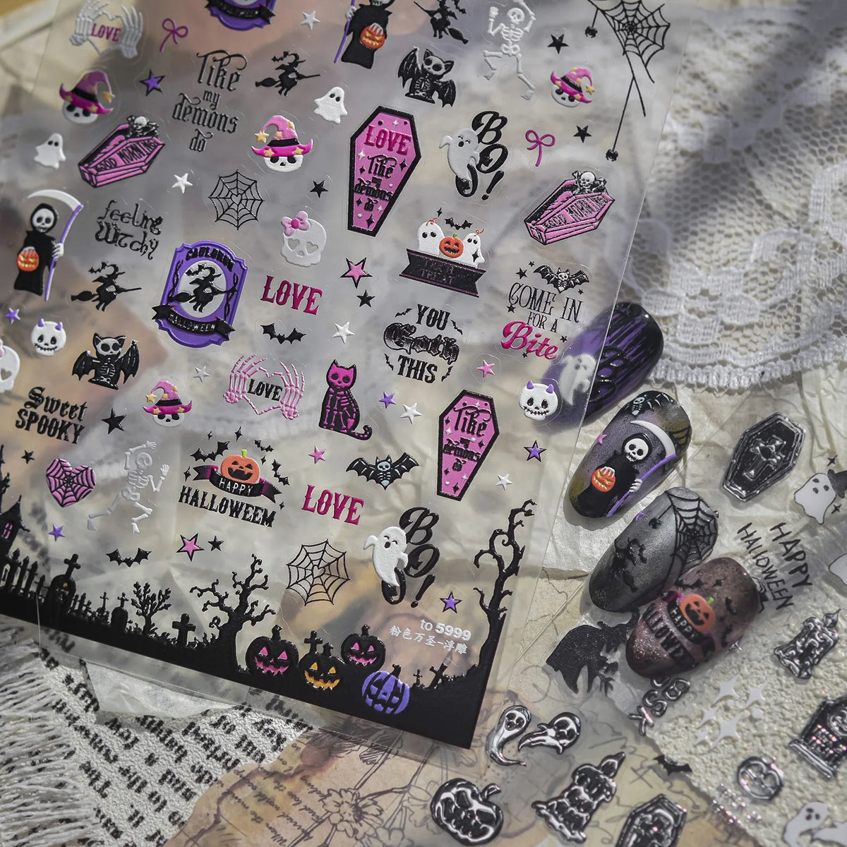 Halloween 5D Nail Stickers | Ghost Witch Pumpkin Skeleton Decals Nail Art Stickers QXL