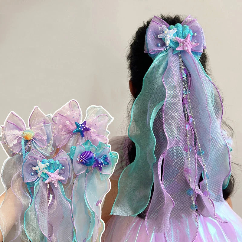 Mermaid Princess Hair Clip | Girls' Bow Braided Hairpin Hair Clip Accessory QXL
