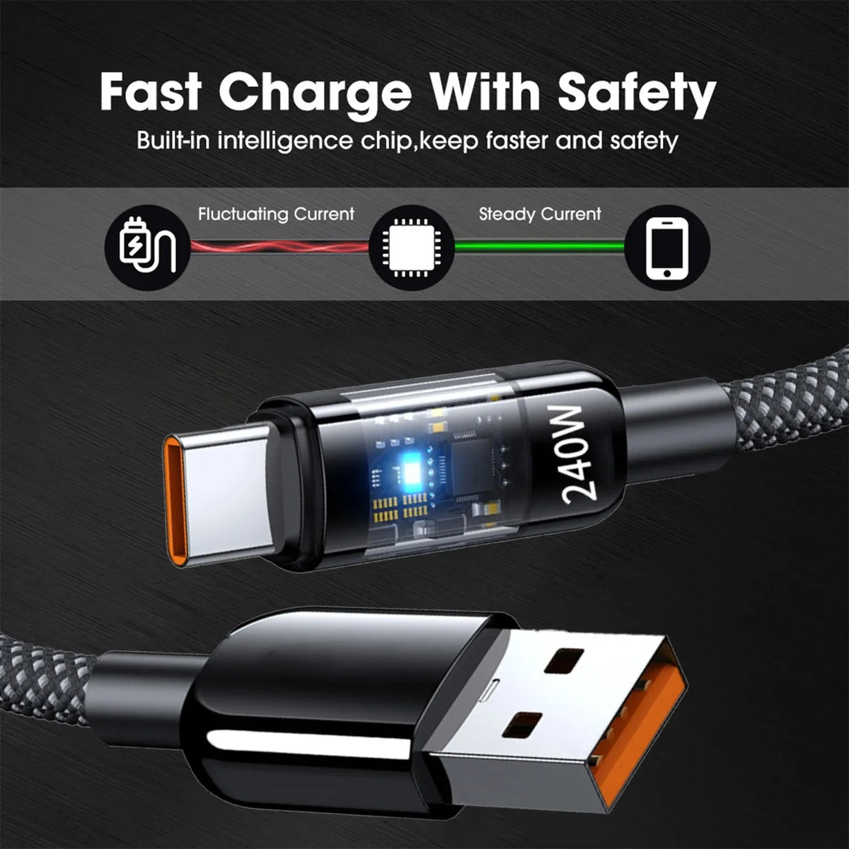 240W USB-A to USB-C Fast Charging Nylon Cable | LED Display USB-C Charging Cable QXL