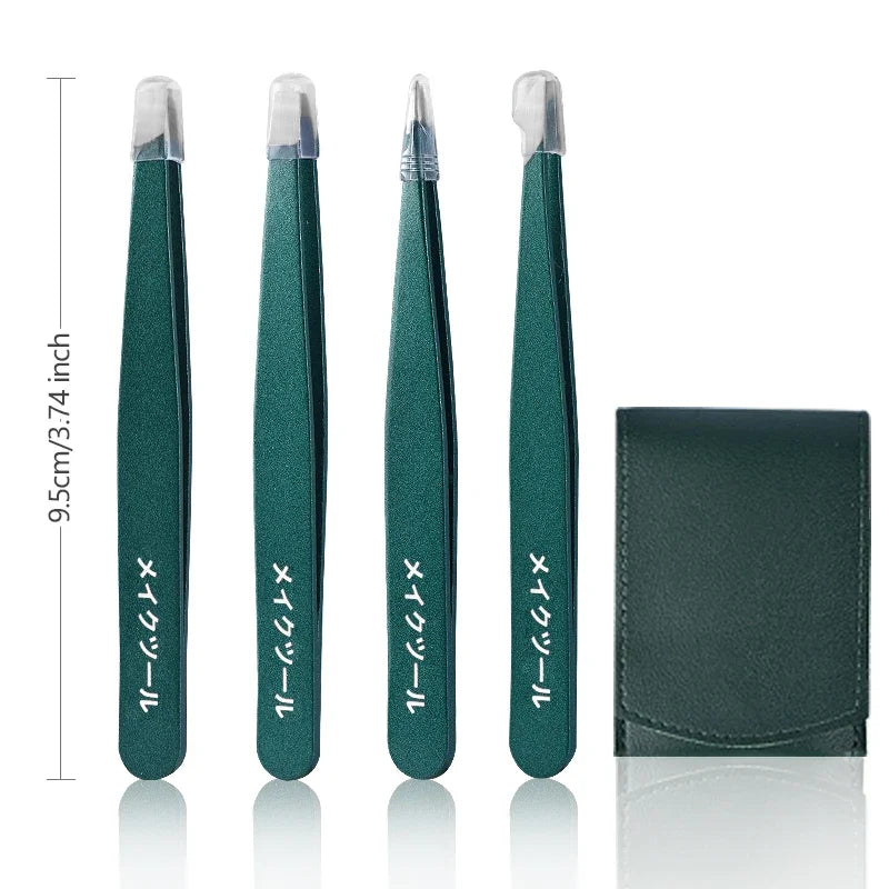 Professional Stainless Steel Tweezers Set | Eyebrow & Lash Tools Precision Tweezers Set QXL Green 4 pcs with bag
