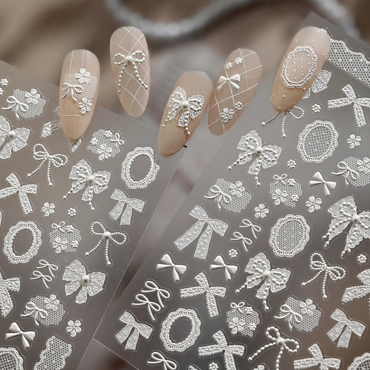 5D Lace Bow Pearl Embossed Self-Adhesive Nail Stickers & Decals Nail Art Stickers QXL