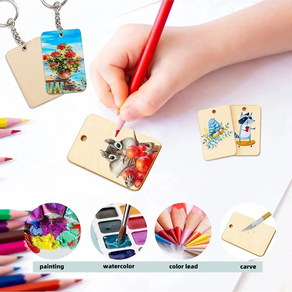 60-Pack Blank Wooden Keychains | DIY Rectangular Key Tags DIY Craft Kit QXL