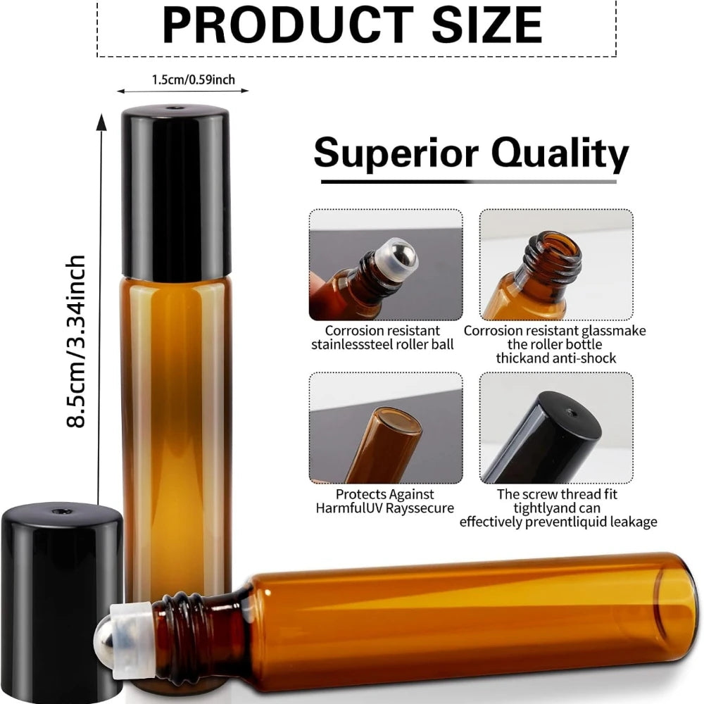 Amber Glass Roller Bottles 10ml | Essential Oils & Perfume 4/8 Pack Glass Roller Bottle QXL