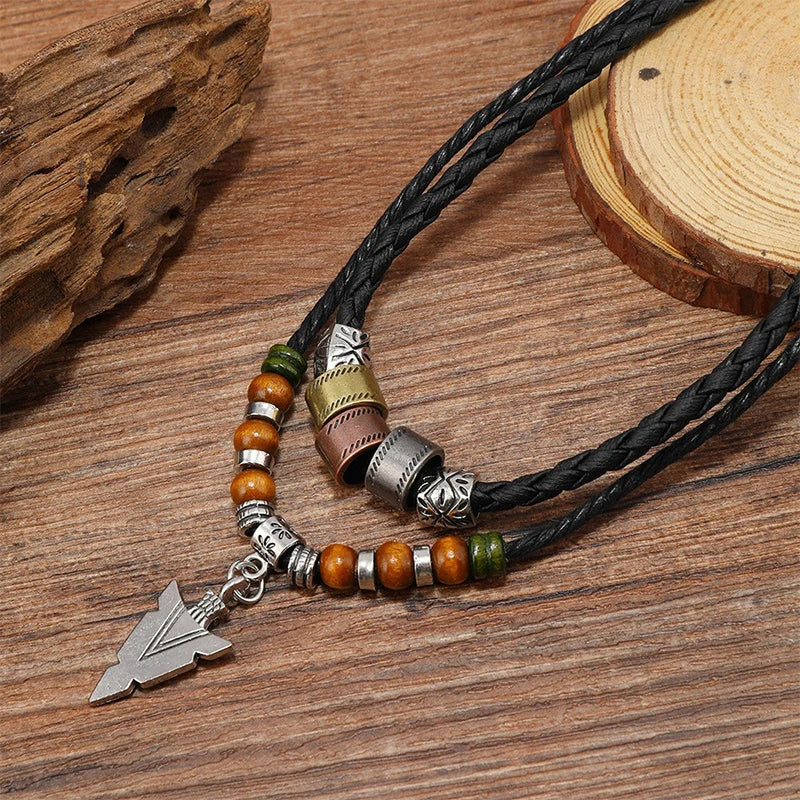 Men's Vintage Layered Arrow Pendant Necklace | Leather & Bead Layered Pendant Necklace QXL