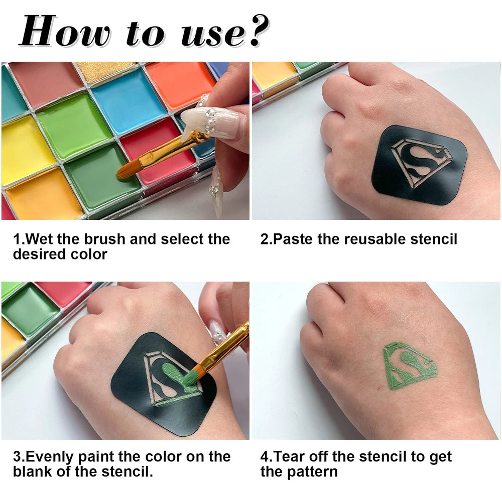 20-Color Face & Body Paint Kit | 10 Brushes + 4 Stencils Face & Body Paint Kit QXL
