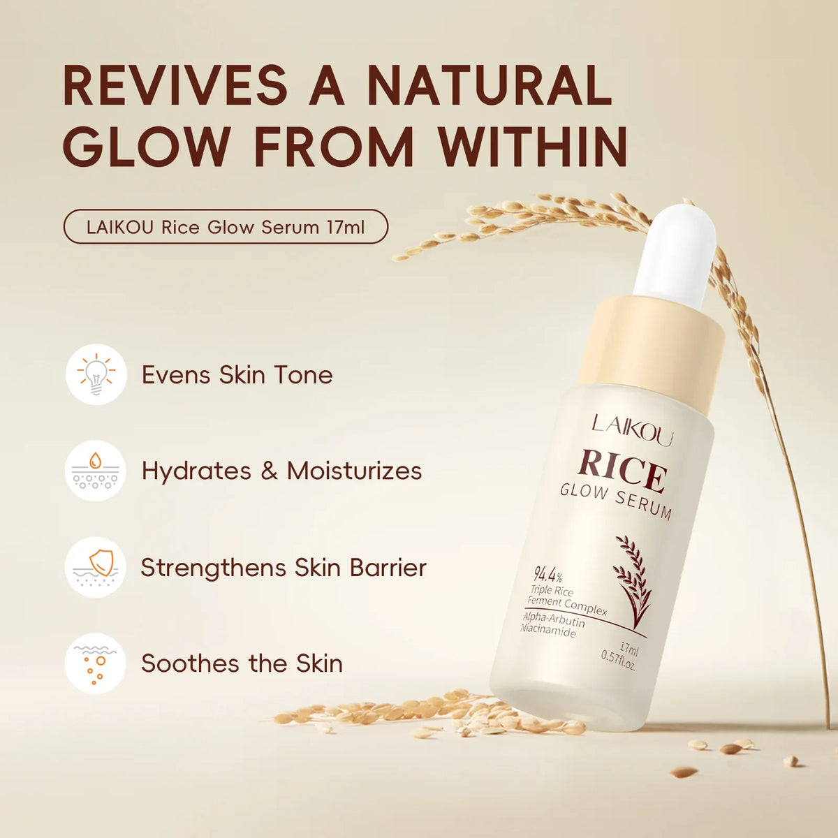 LAIKOU Rice Glow Facial Serum 17ml – Hydrate & Brighten Skin Face Serum QXL