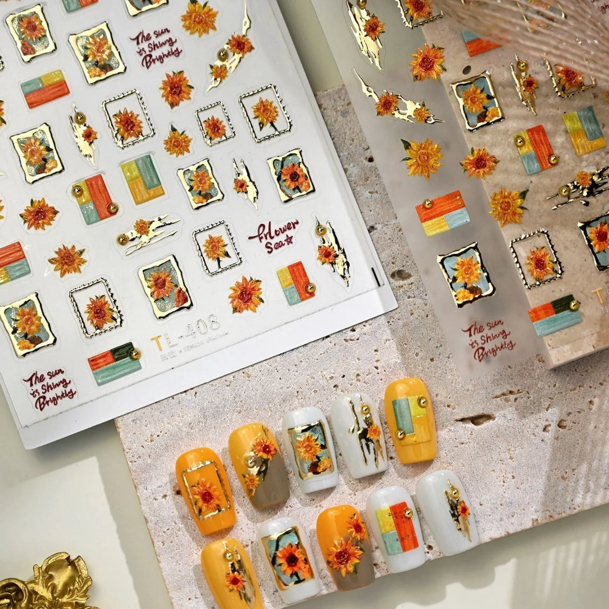5D Sunflower Nail Stickers | Vintage Floral Relief Decals Nail Art Stickers QXL