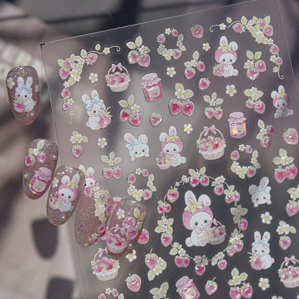 Pink Rabbit Strawberry 5D Nail Stickers | Cute Bunny Decals Nail Art Stickers QXL
