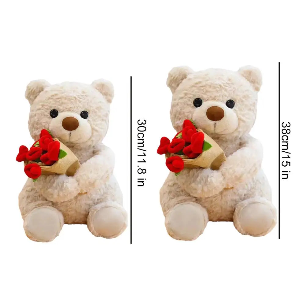 Rose Bear Plush Toy with Mini Rose Bouquet | 30cm & 38cm Stuffed Plush Toy QXL