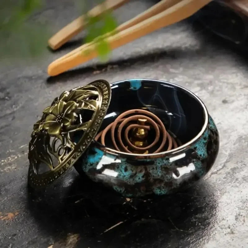 Ice Crack Ceramic Incense Burner with Hollow Lid | Cone & Stick Incense Burner QXL