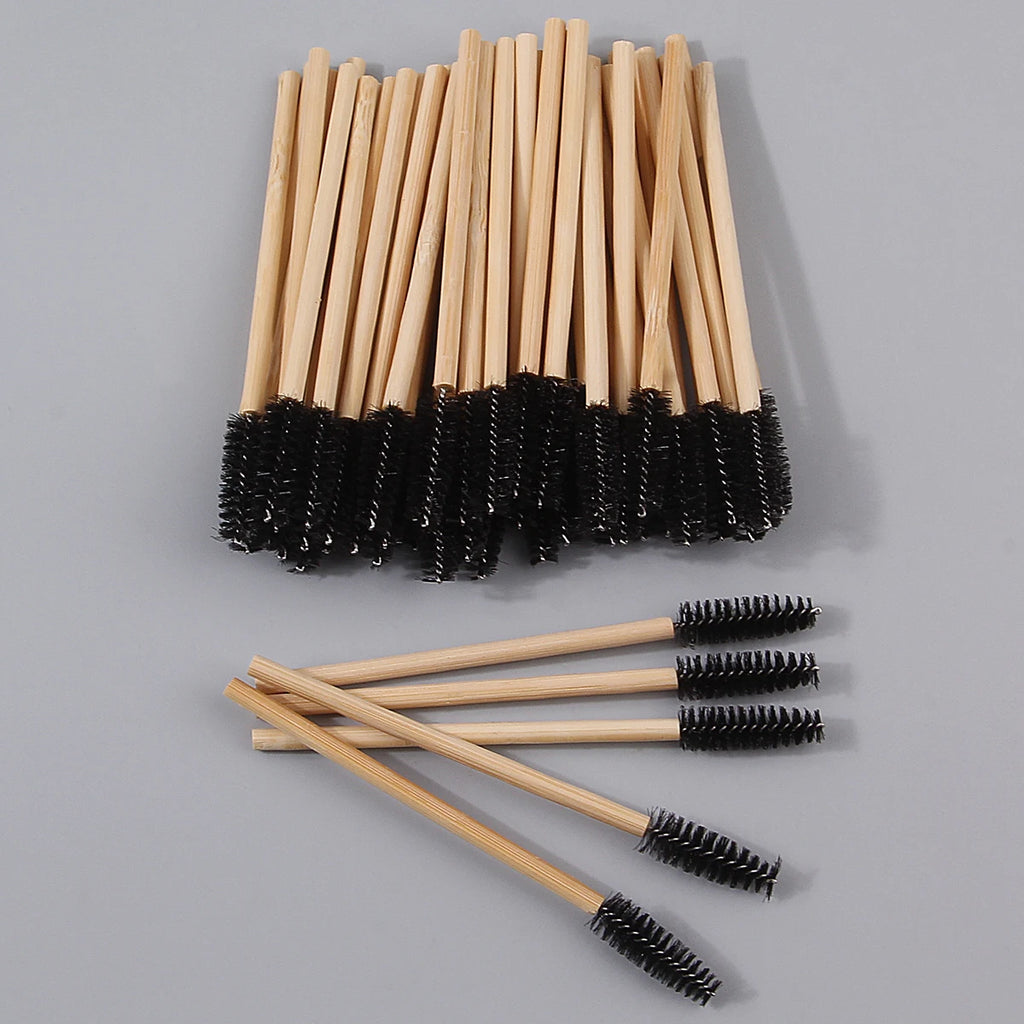 50-Pack Bamboo Mascara Wands & Spiral Spoolie Brushes Mascara Wand Set QXL black Wool Fiber