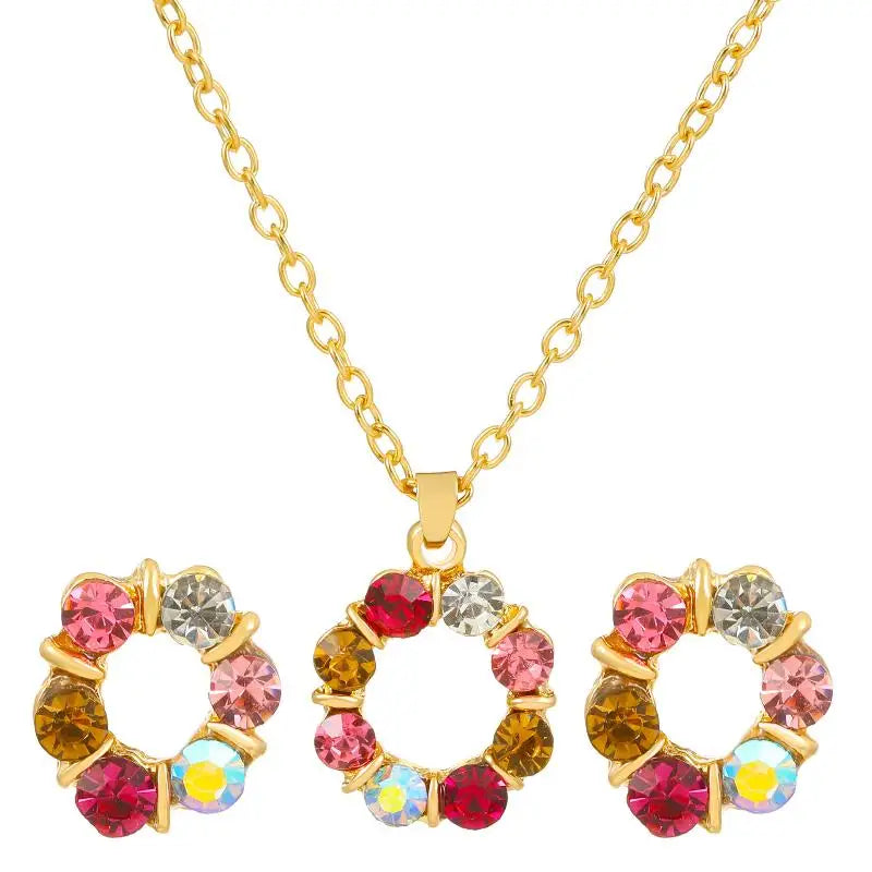 3-Piece Gold Circle Crystal Necklace & Earrings Set | Women Jewelry Set QXL One Size