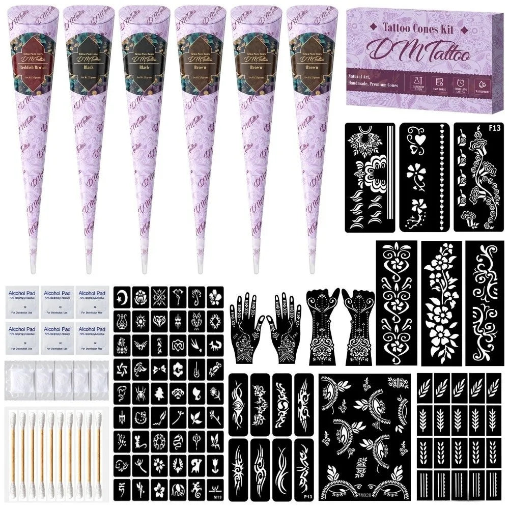 3-Color Henna Tattoo Kit with Templates | DIY Body Art Henna Tattoo Kit QXL