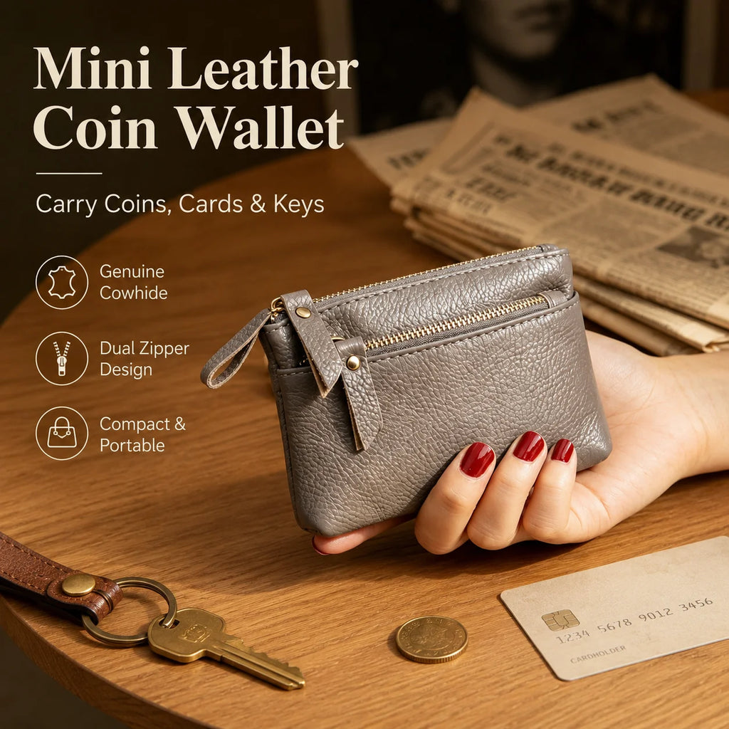 Mini Genuine Cowhide Leather Zipper Wallet | Women's Coin Purse Leather Coin Wallet QXL