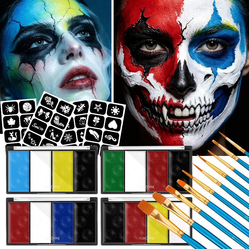 VERONNI 4-Color Face & Body Paint Kit with Brush & Stencils Face & Body Paint QXL