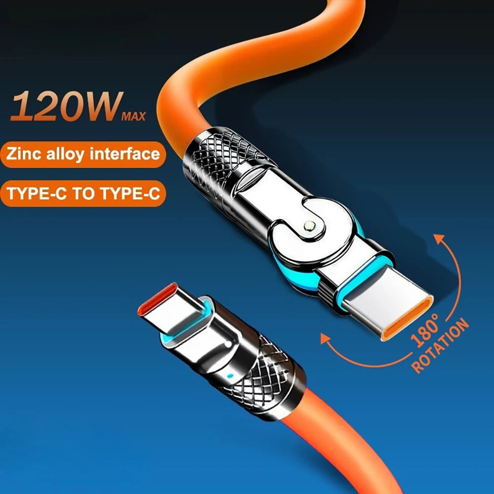 120W USB-C Fast Charge Cable | 180° Elbow Silicone 1M 2M USB-C Charging Cable QXL