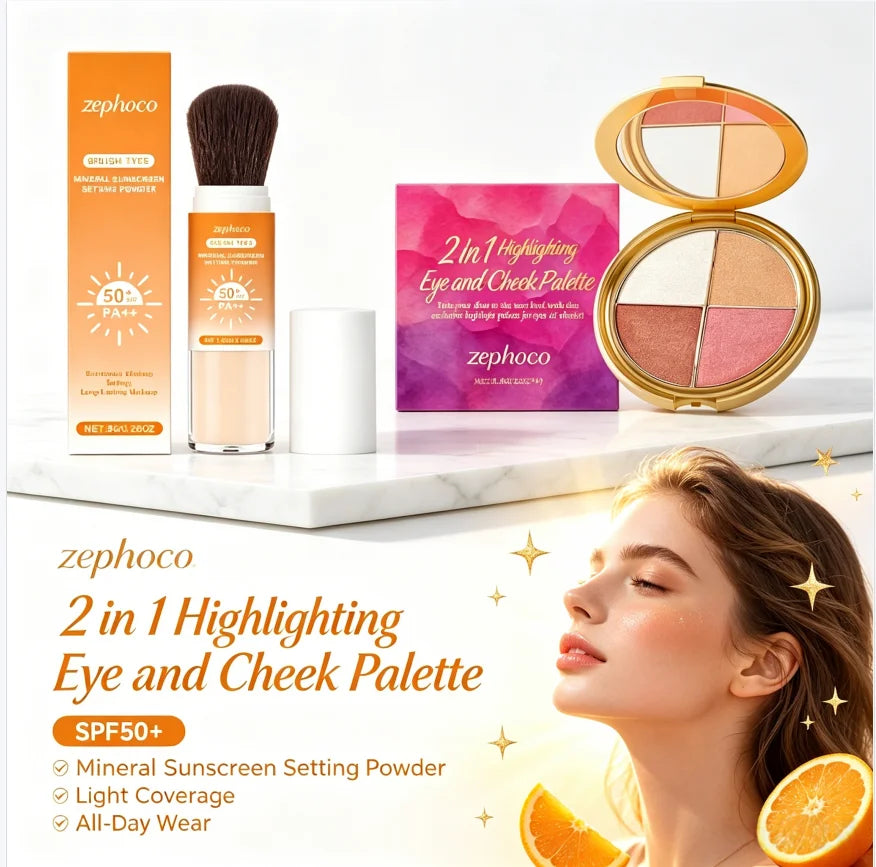 Sunscreen Setting Powder & 4-Color Shimmer Highlight Palette Setting Powder Palette QXL