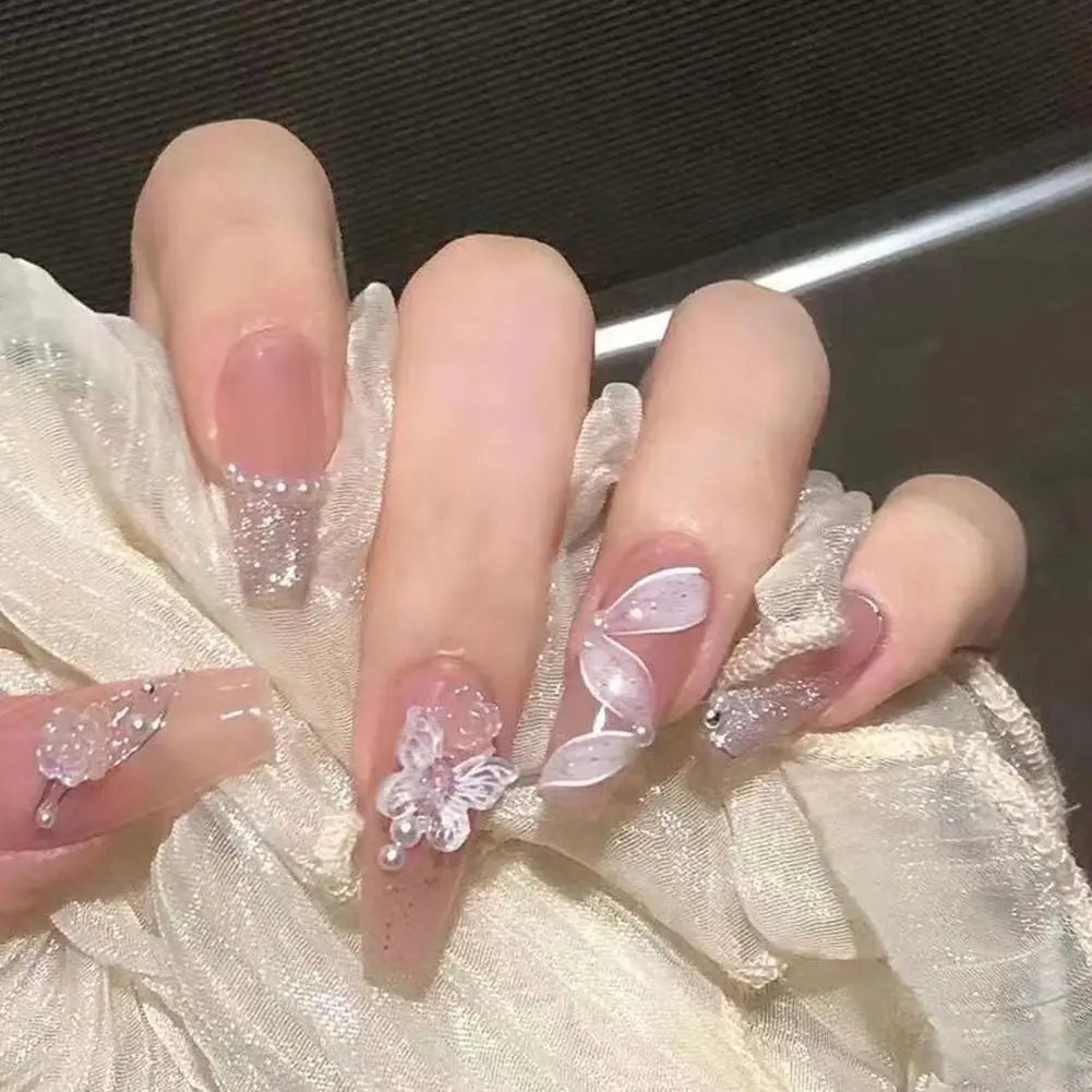 24-Pack Butterfly Pearl Press-On Nails | French Extended Tips Press-On Nail Tips QXL