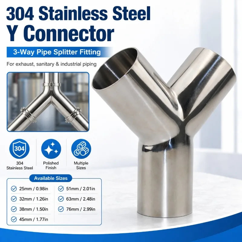 304 Stainless Steel Y-Type 3-Way Pipe Connector 25–76mm Pipe Tee Fitting QXL 38mm