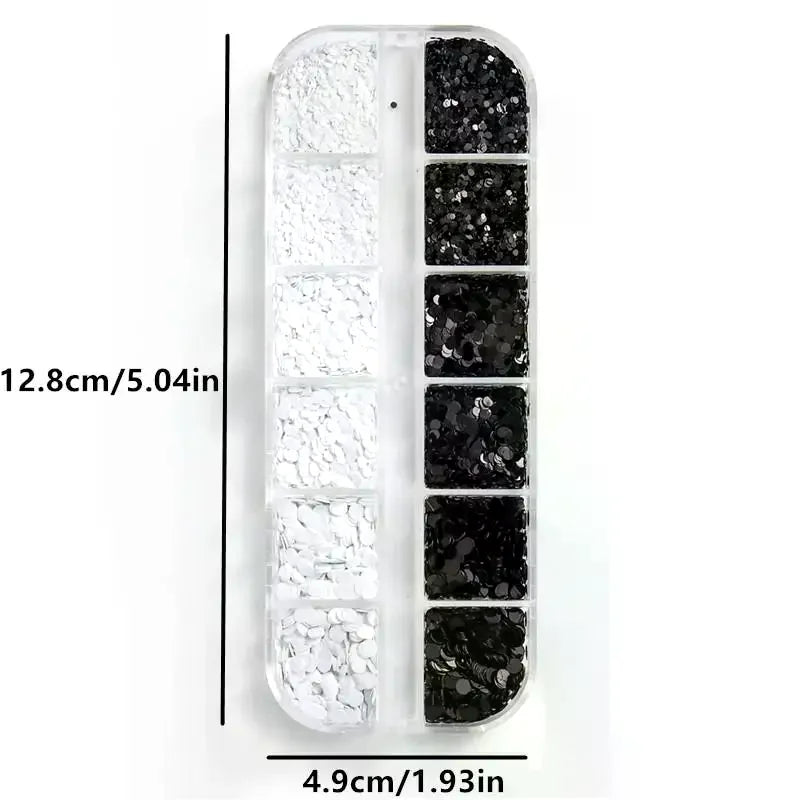 12-Grid Black & White Polka Dot Nail Glitter Sequins Set Nail Art Sequins QXL