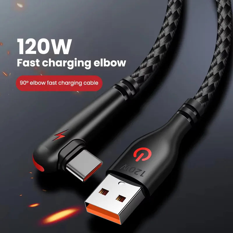 90° Elbow 120W USB-C Fast Charging Cable | 6A Braided Cord USB-C Charging Cable QXL