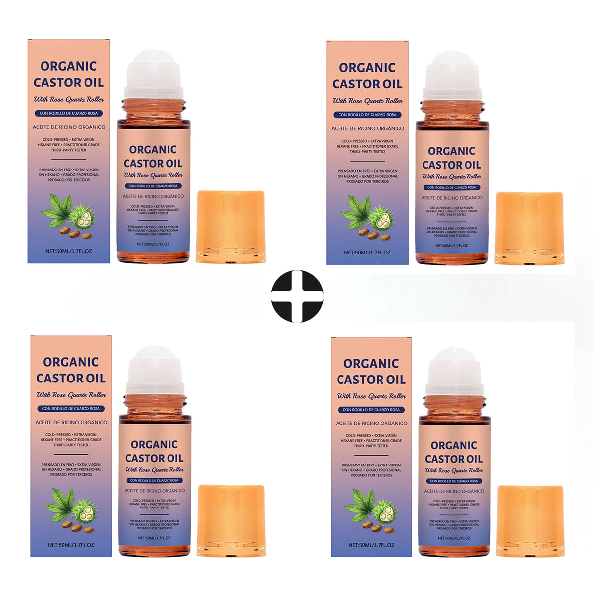 Organic Castor Oil Roller Ball | Firming & Brightening 50ml Body & Face Skin Oil QXL 4 pcs x 50ml