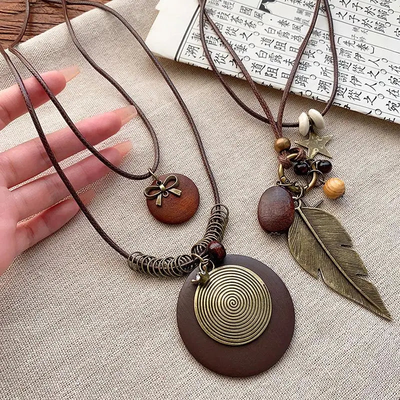 Vintage Boho Layered Pendant Necklace | Antique Long Chain Pendant Necklace QXL