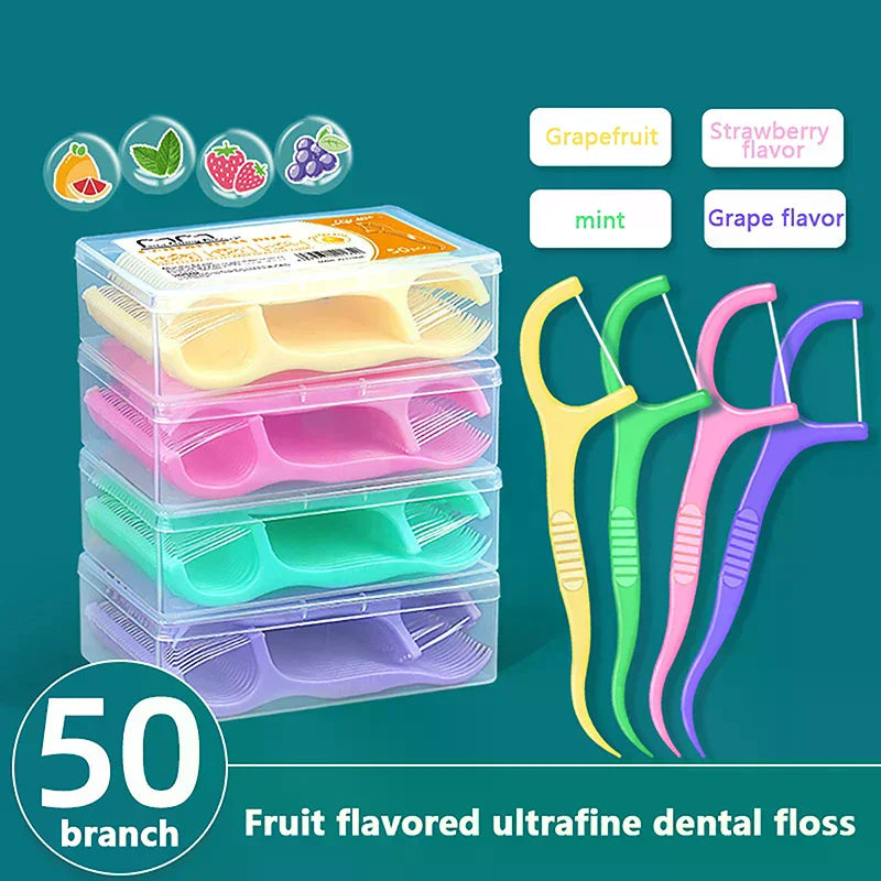 50-Pack Fruit-Flavored Dental Floss Picks | Portable Box Dental Floss Picks QXL