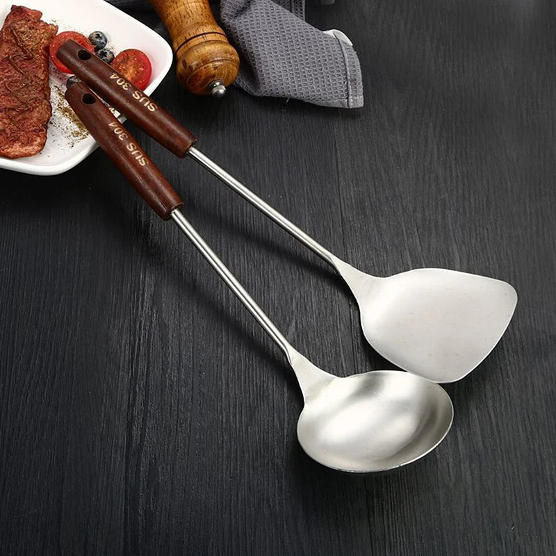 Stainless Steel Wok Spatula & Ladle – Wooden Handle Set Kitchen Utensil Set QXL