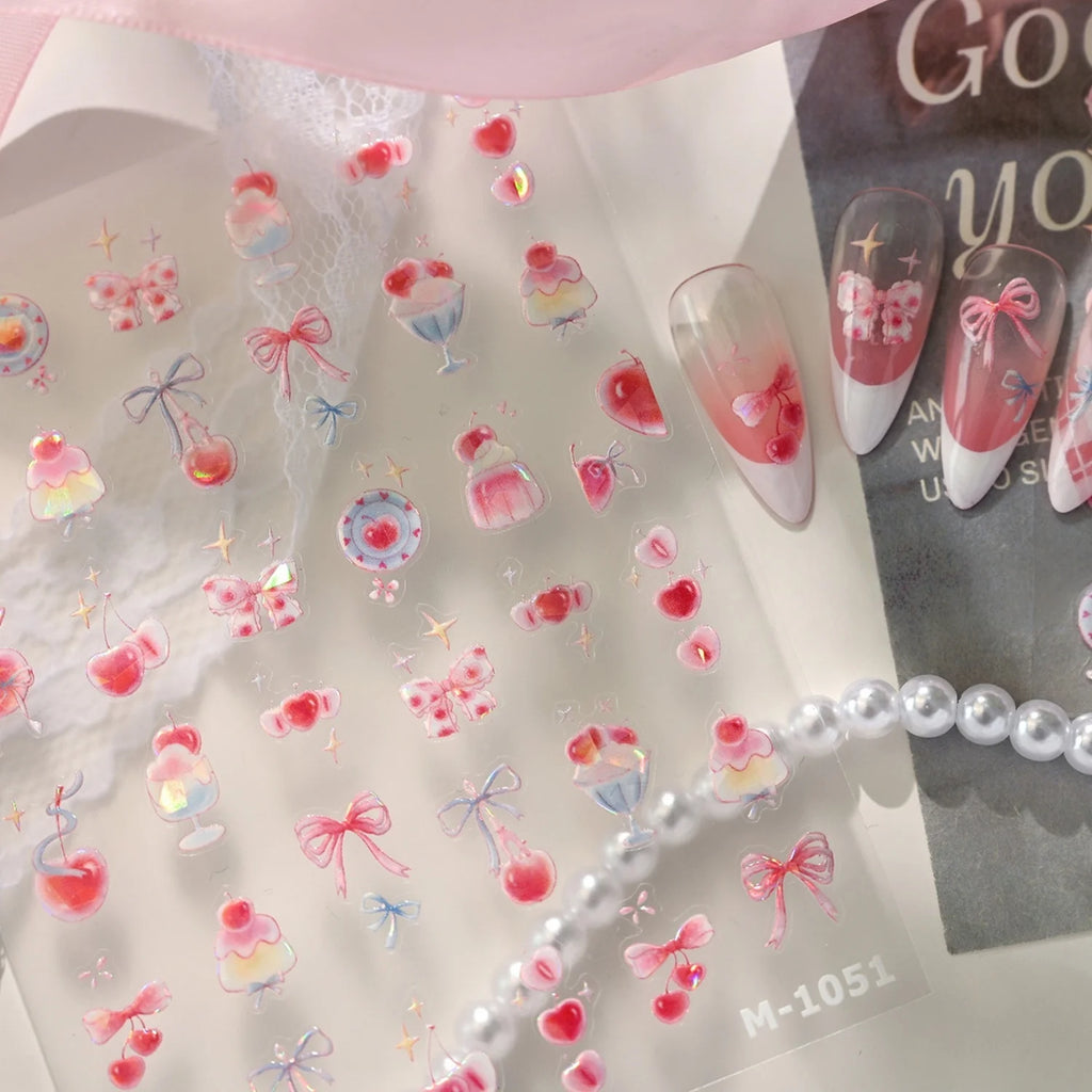 5D Nail Stickers Y2K Cherry Bow Sakura Glitter Decals | NAILFYOU Nail Art Stickers QXL