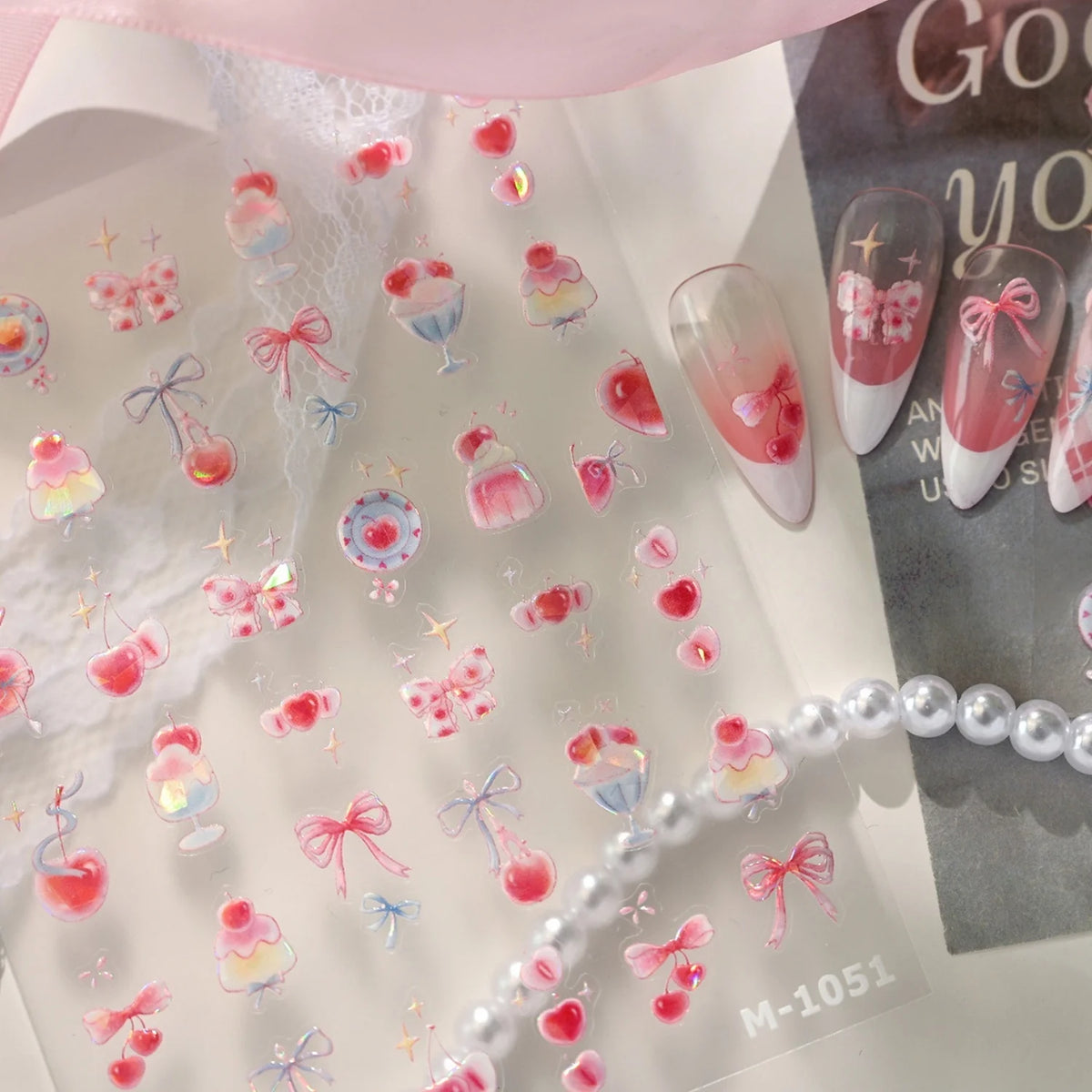 5D Nail Stickers Y2K Cherry Bow Sakura Glitter Decals | NAILFYOU Nail Art Stickers QXL