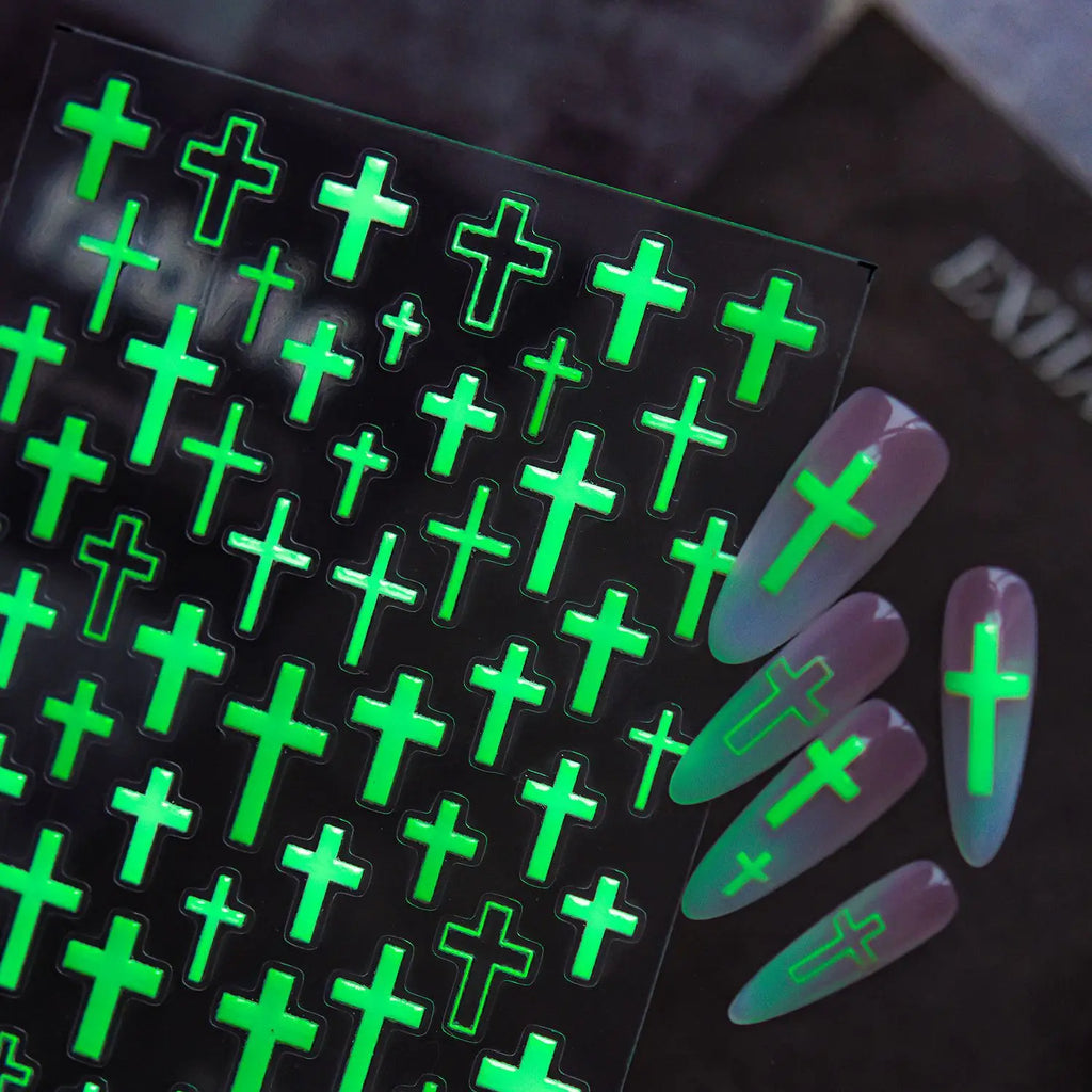 5D Glow-in-Dark Gothic Cross Nail Stickers | Self-Adhesive Nail Art Stickers QXL