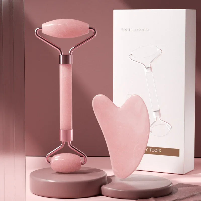 2-Pc Resin Gua Sha Board & Face Massage Roller Set Gua Sha Roller Set QXL Pink with Box China Mainland