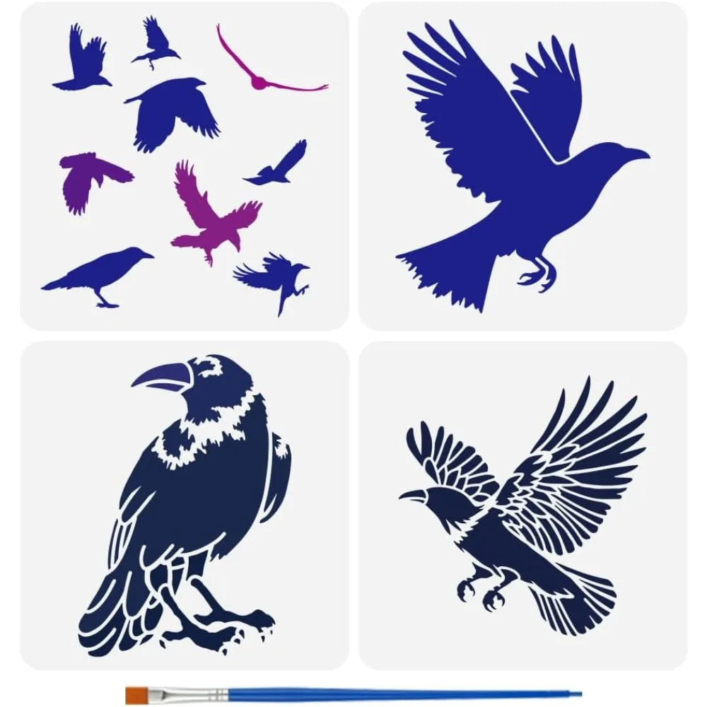4-Pack Flying Crow Raven Stencils 11.8" | Reusable PET + Brush Painting Stencil Set QXL