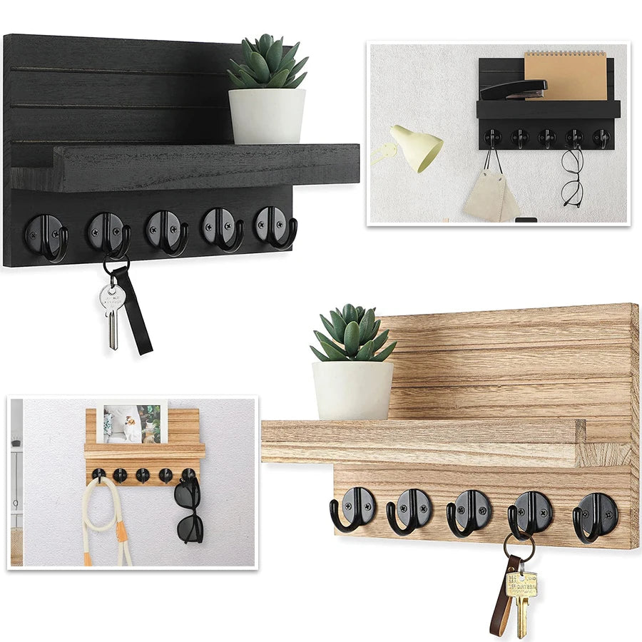 Wooden Wall-Mounted Rack with 5 Hooks | Key, Hat & Bag Holder Wall Hook Rack QXL