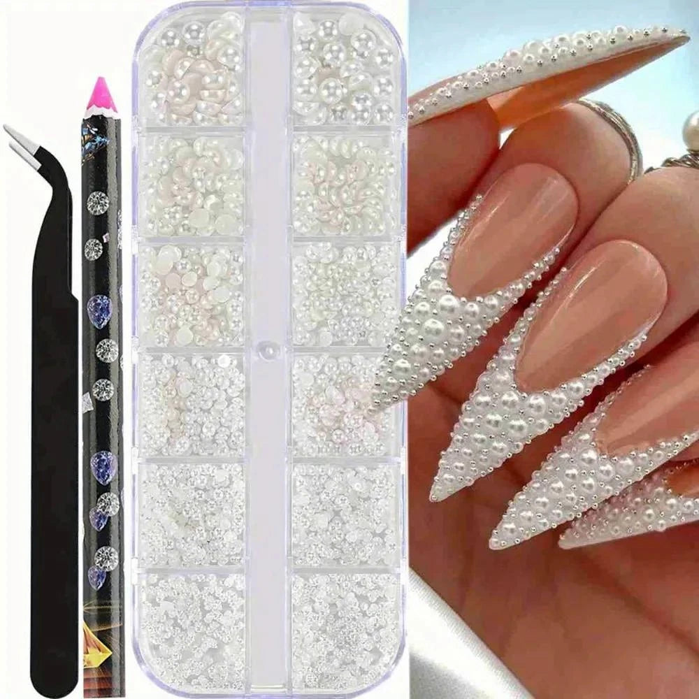 3-Pc Nail Art Rhinestones, Pearls & Dotting Tool Set Nail Art Embellishment Set QXL