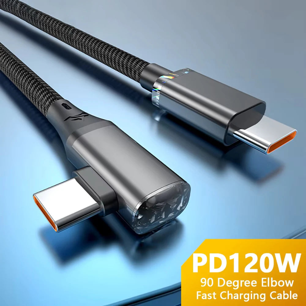 120W 90° Elbow USB-C to USB-C Fast Charging Cable | PD 6A USB-C Charging Cable QXL