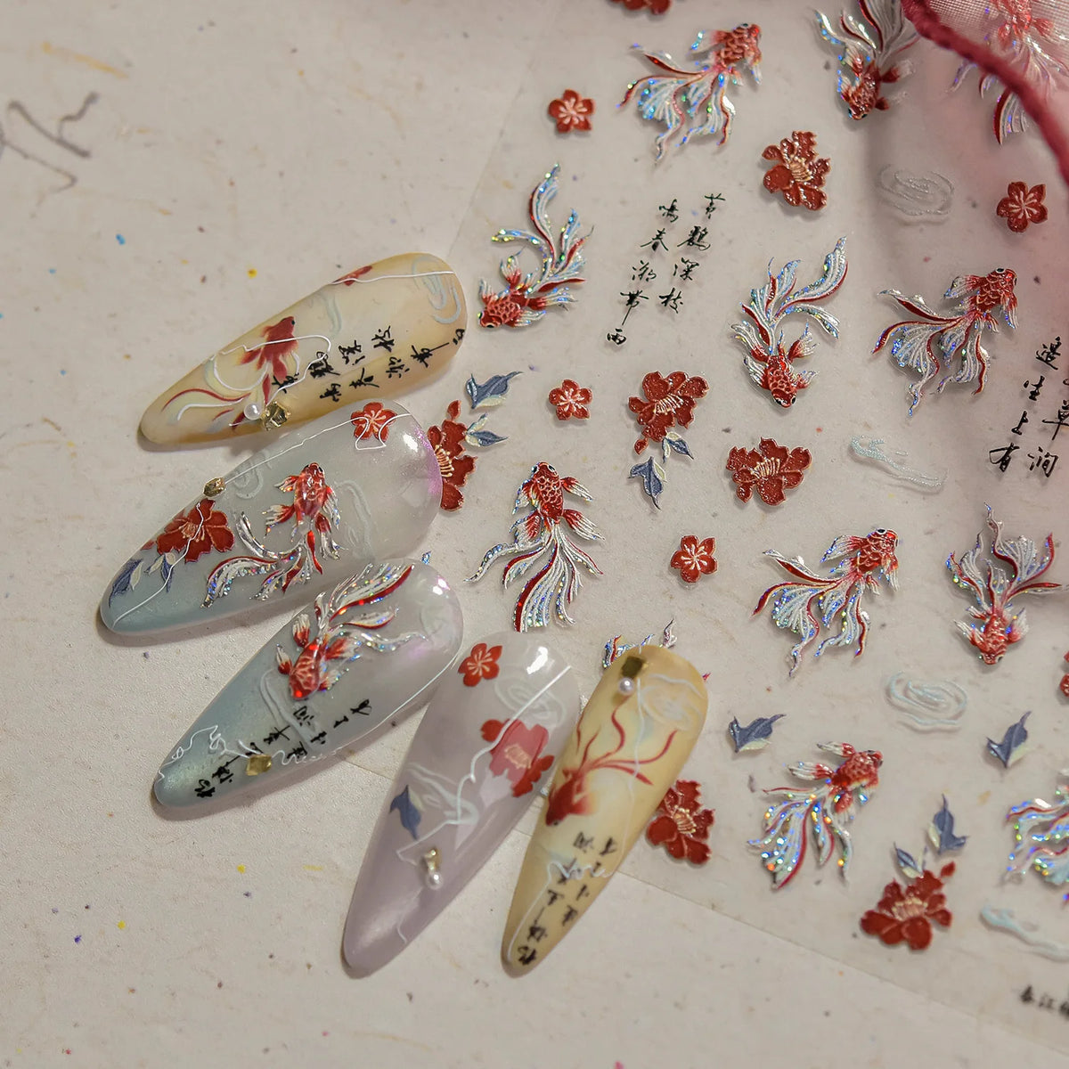 Koi Fish 5D Nail Art Stickers | Spring Flower Manicure Decals Nail Art Stickers QXL