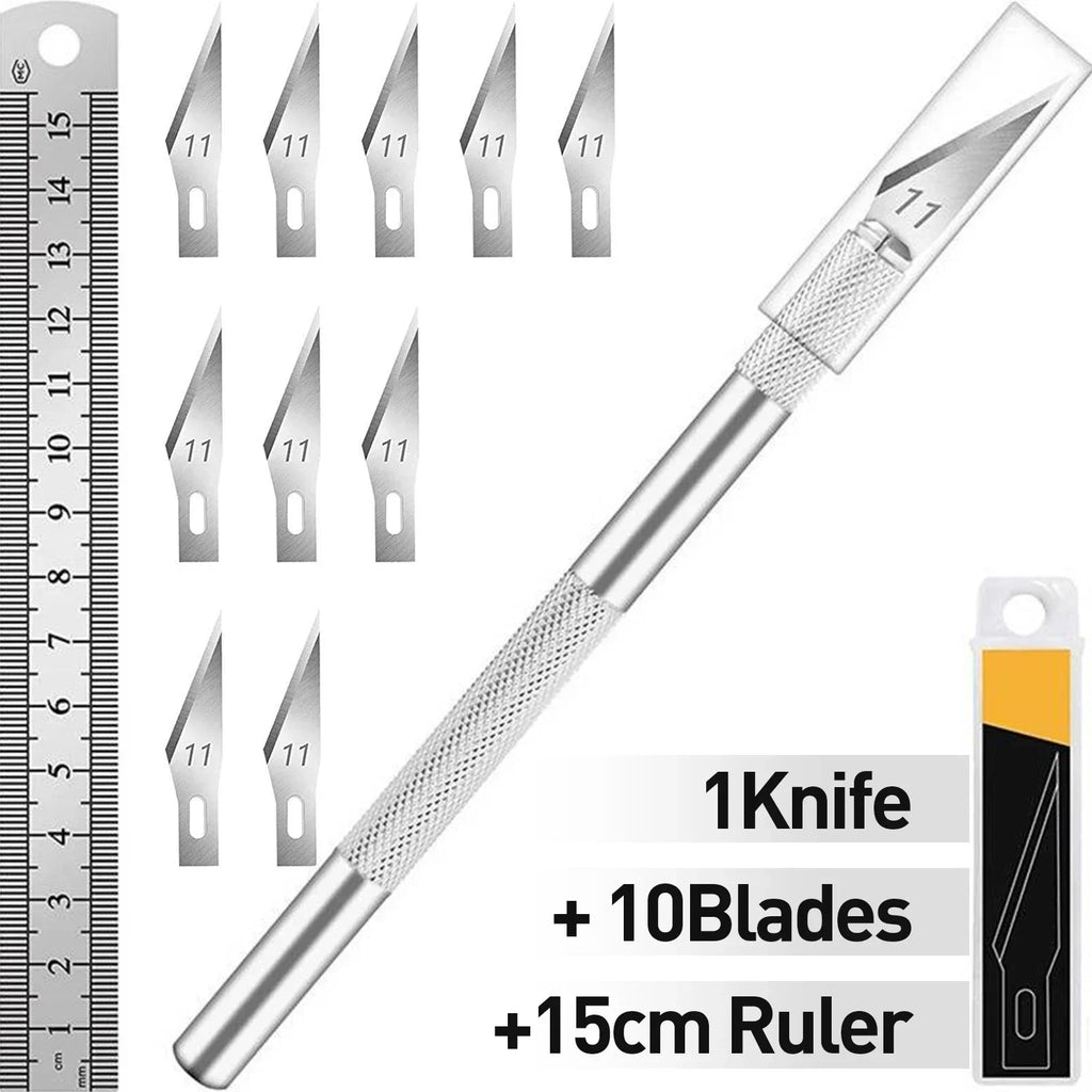 Craft Hobby Knife Set with Exacto Blade & 15cm Ruler | Art Kit Craft Knife Set QXL M331 silver
