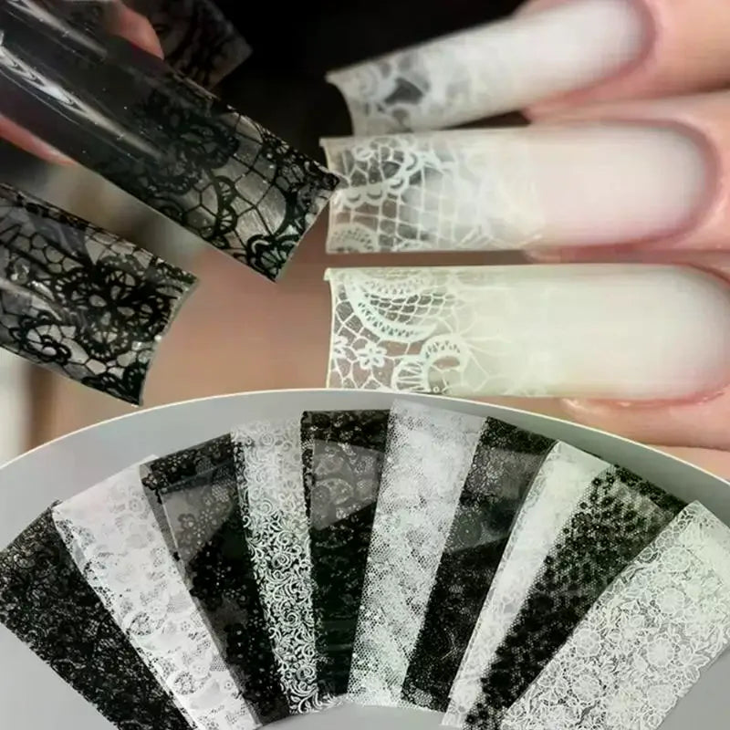 10-Roll Lace Nail Transfer Foils | Black White Red Floral Art Nail Transfer Foils QXL