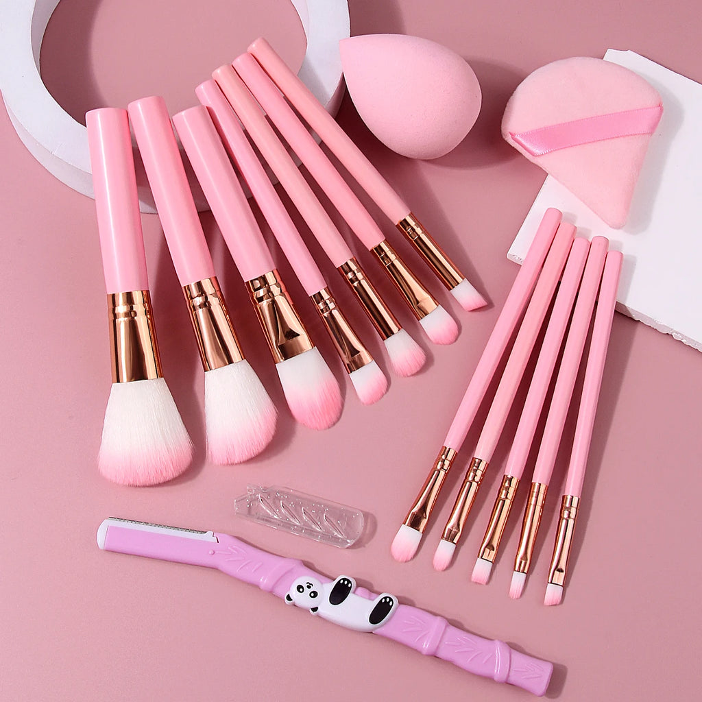 15-Pc Pink Makeup Brush Set | Sponge, Puff & Eyebrow Razor Makeup Brush Set QXL