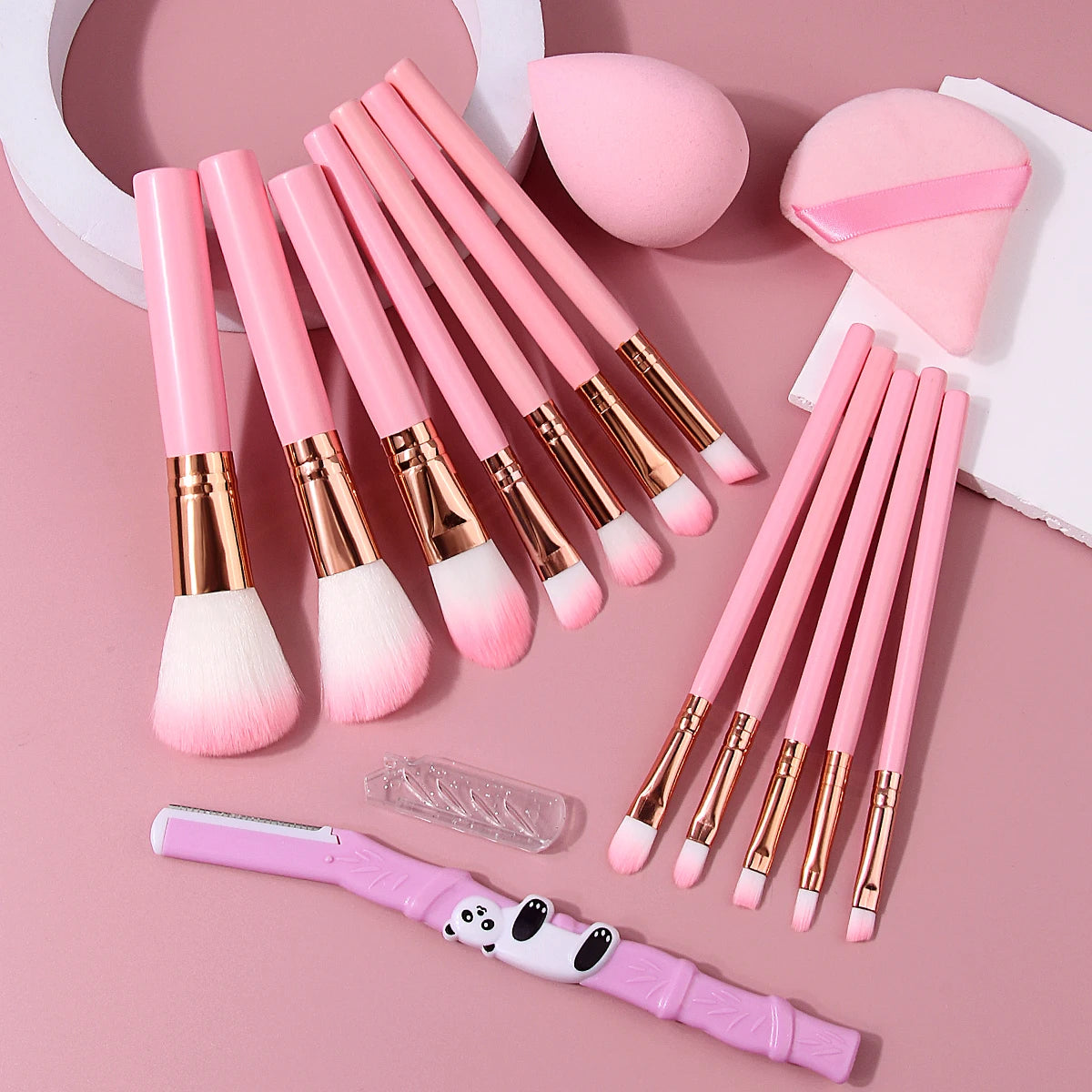 15-Pc Pink Makeup Brush Set | Sponge, Puff & Eyebrow Razor Makeup Brush Set QXL