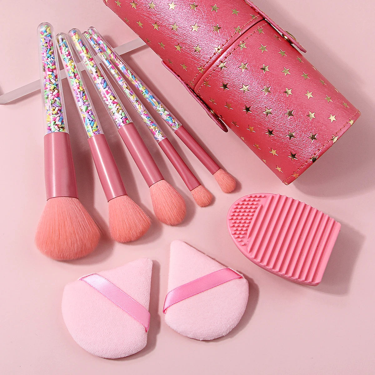 KOSSHOW 9-Piece Pink Makeup Brush Kit with Puffs & Holder Makeup Brush Set QXL