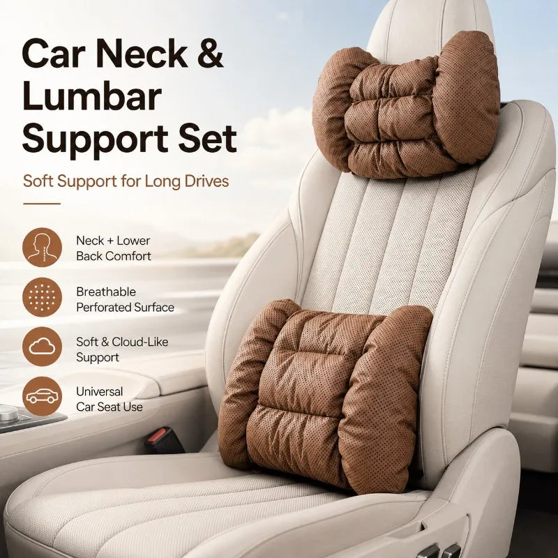 Car Neck & Lumbar Pillow Set | Breathable Faux Leather Cushions Car Seat Pillow Set QXL