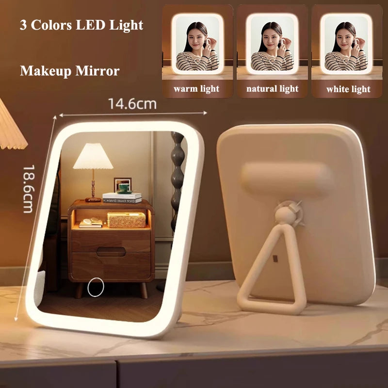 LED Makeup Mirror 3-Color Touch Screen | USB Charging Desktop LED Makeup Mirror QXL