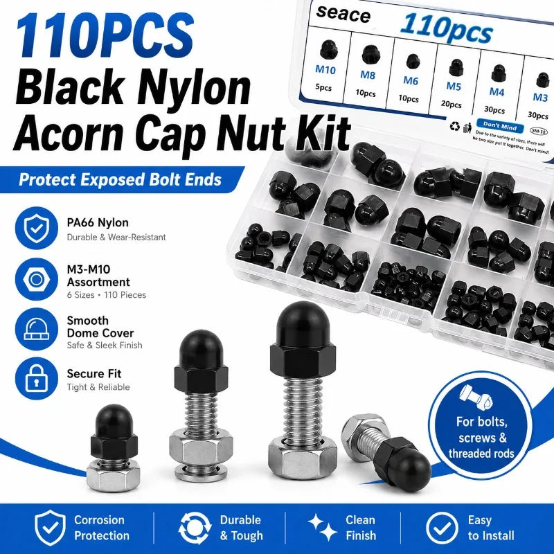 110-Pc Nylon Acorn Cap Nuts M3–M10 PA66 Black Kit + Storage Box Acorn Cap Nut Kit QXL