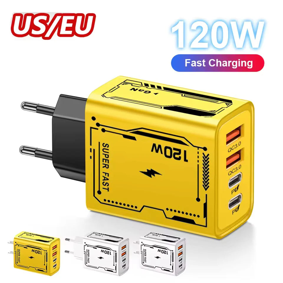 120W USB-C Wall Charger 4-Port QC 3.0 Fast Charging Adapter USB-C Wall Charger QXL