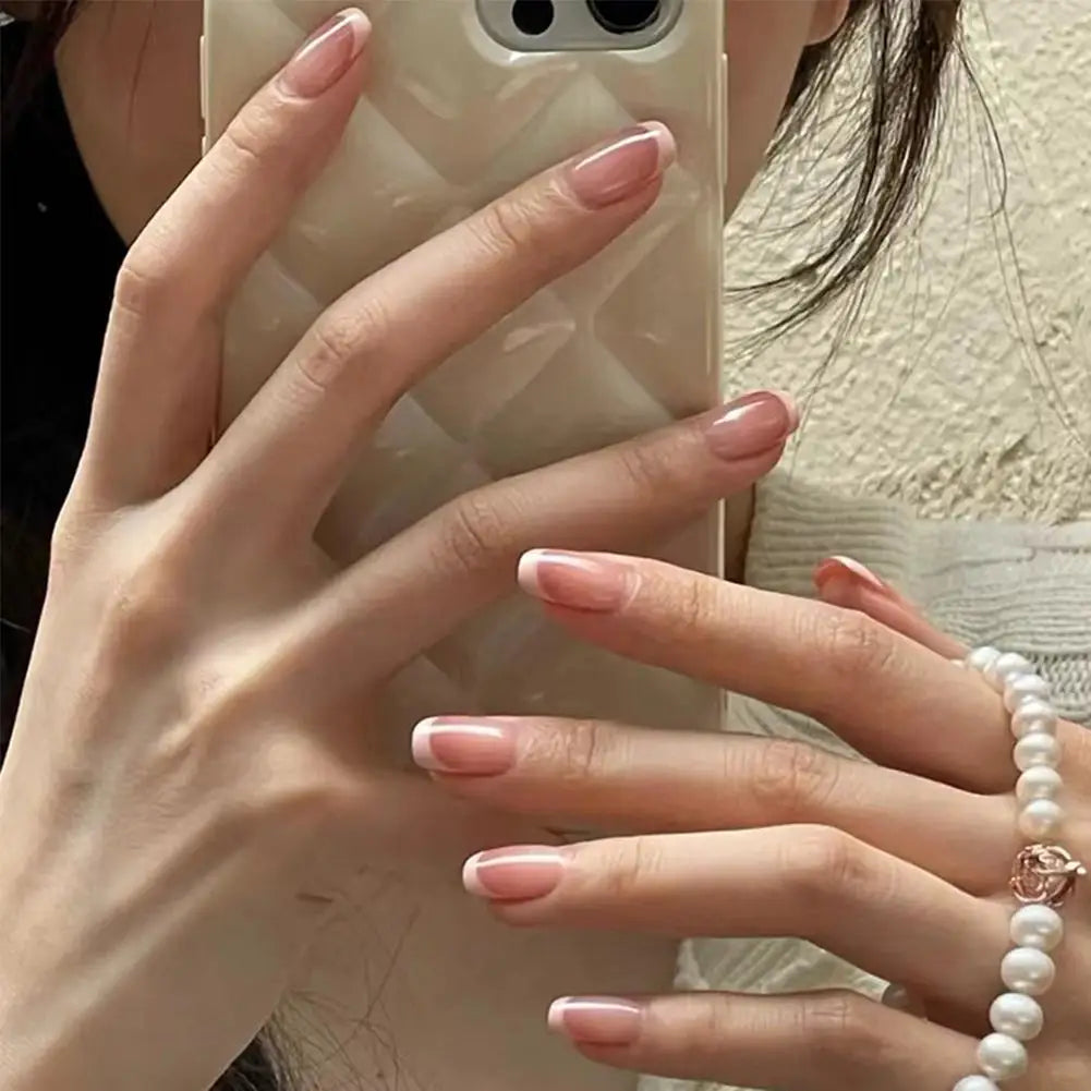 24-Pc French Square Press-On Nails | Nude Pink & Glitter Press-On False Nails QXL